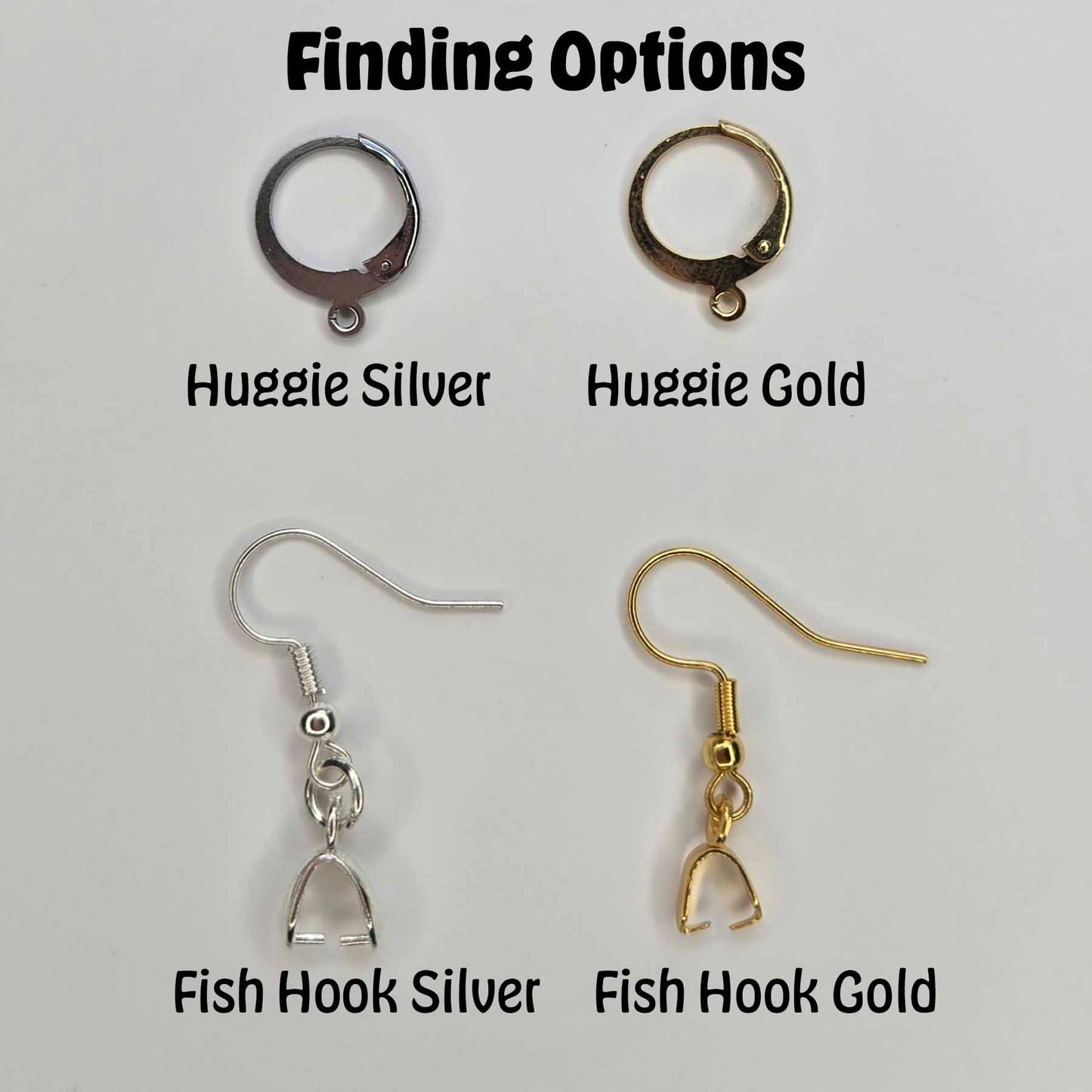 Silver and gold huggie hoop earring findings next to silver and gold fish hook earring findings, each with a bail for attaching pendants.