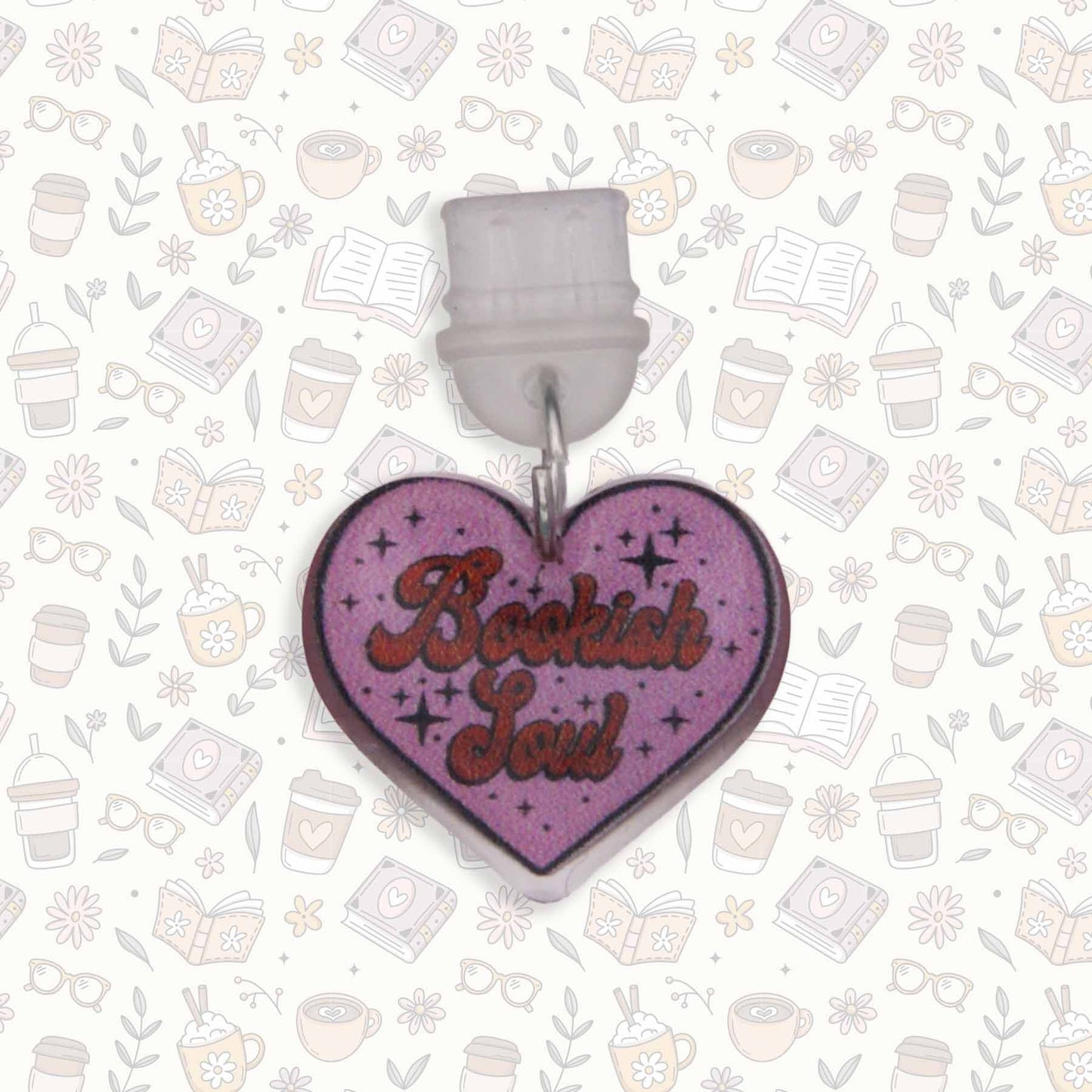 Heart-shaped "Bookish Soul" Kindle charm with purple background and red text, UV resin sealed, for USB C devices.