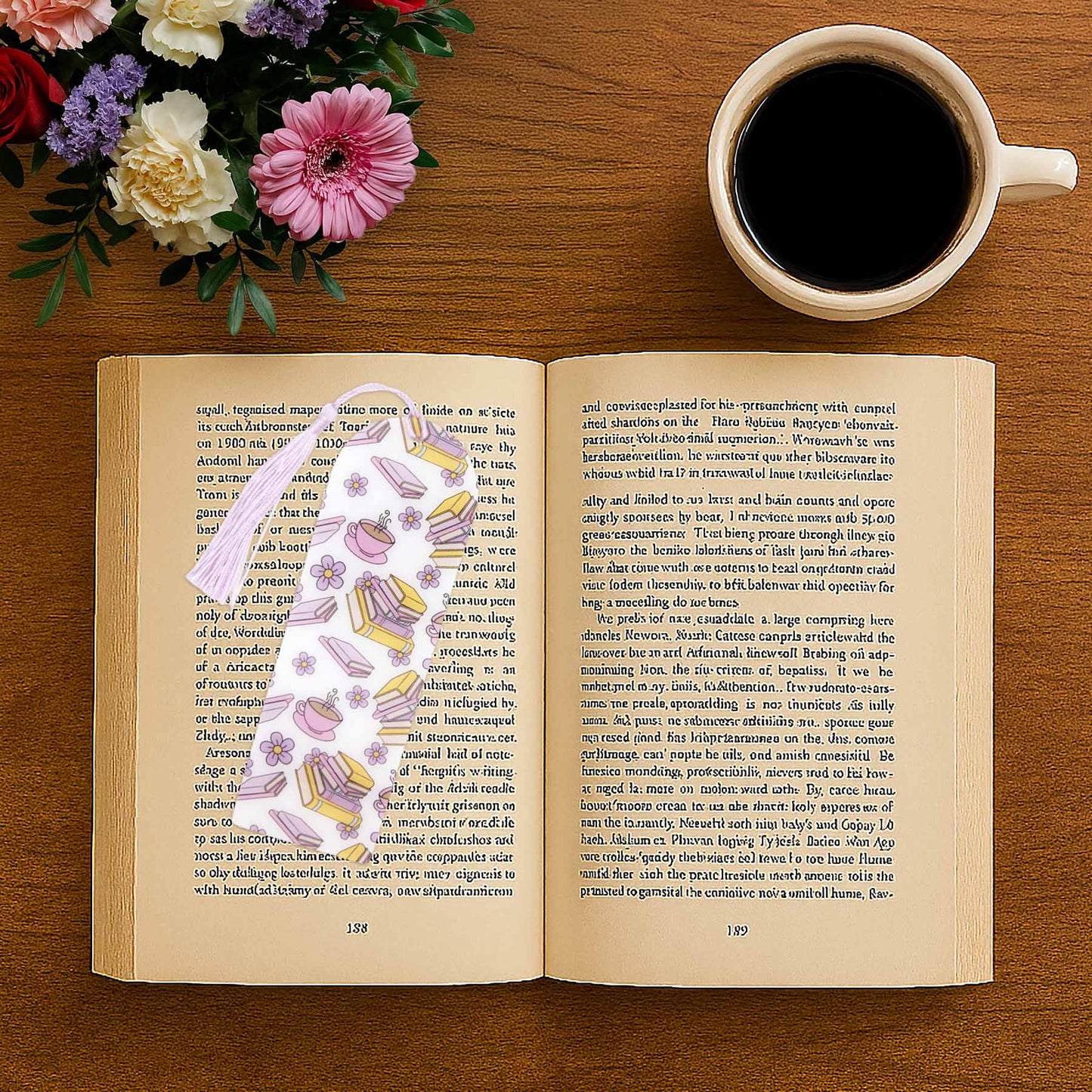 Bookmark with pastel books and teacups, on an open book, next to a cup of coffee and a floral bouquet