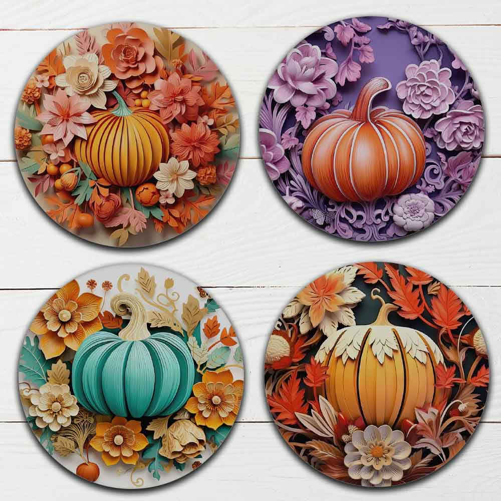 Set of 4 - 4 Fall Themed "3D Fall Pumpkins" Coasters - TPE - Polyester with Rubber Back