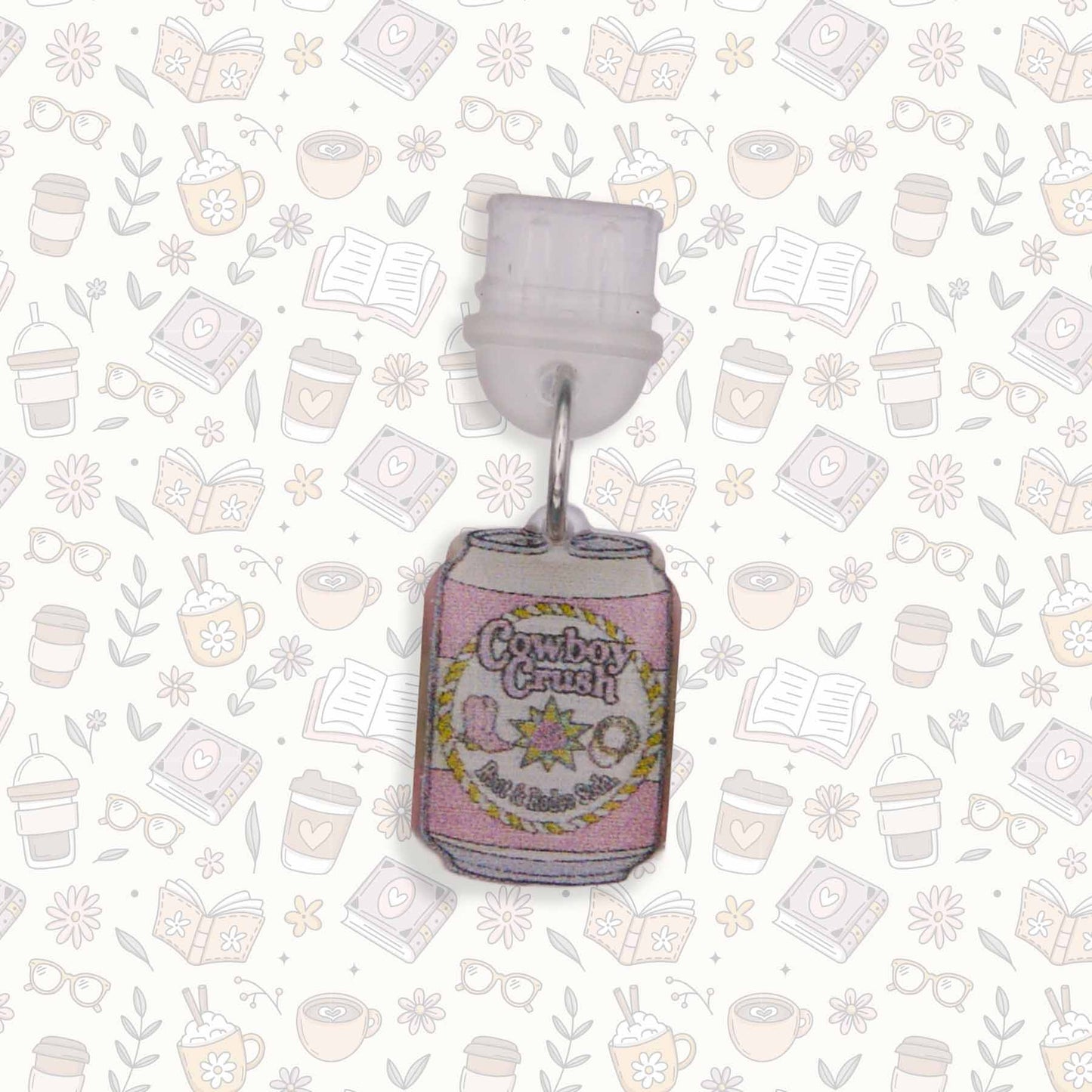 Cowboy Crush Soda Can Kindle Charm, pink and white design, USB-C dust plug, made from durable acrylic and UV resin.