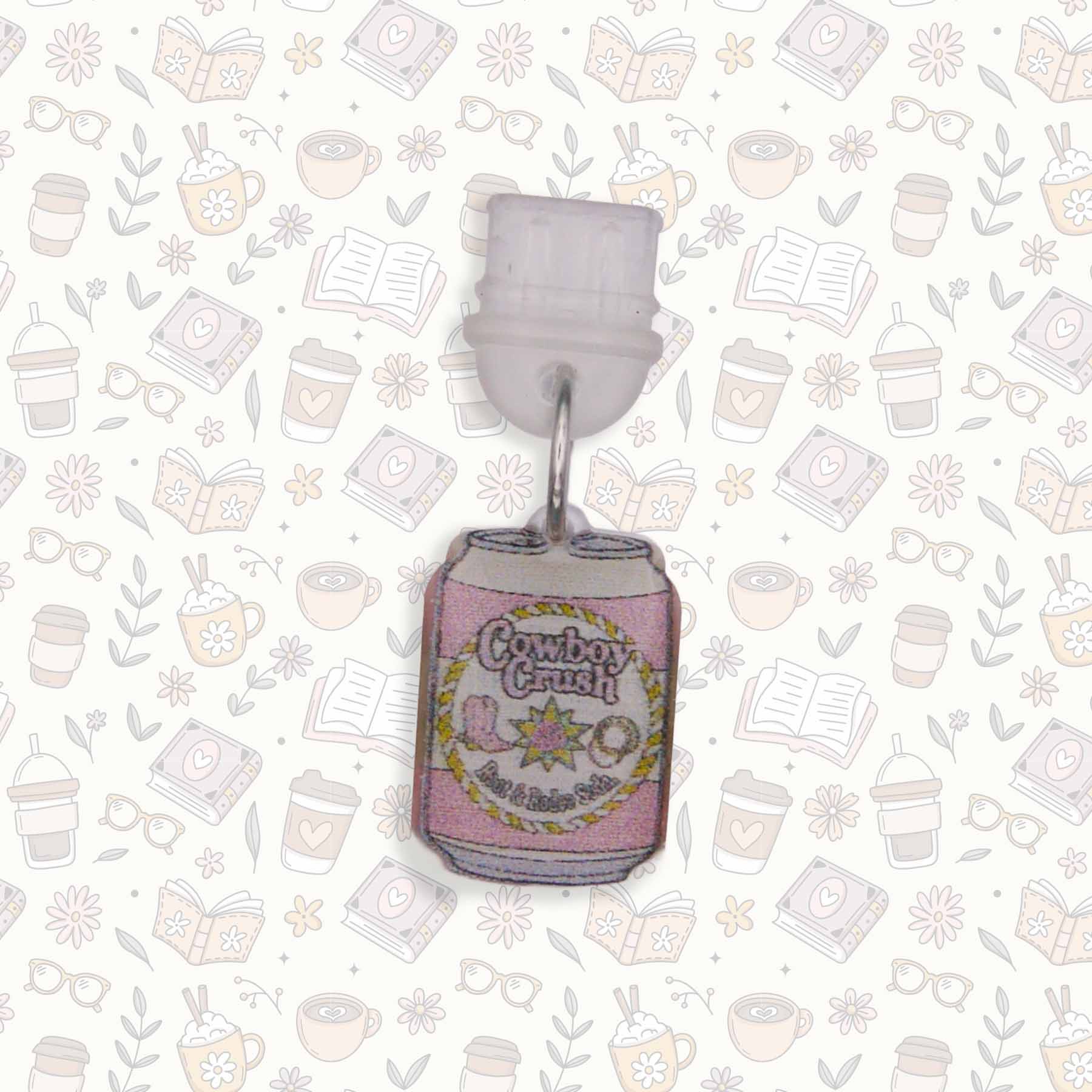 Cowboy Crush Soda Can Kindle Charm, pink and white design, USB-C dust plug, made from durable acrylic and UV resin.