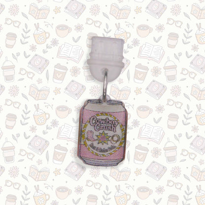 Cowboy Crush Soda Can Kindle Charm, pink and white design, USB-C dust plug, made from durable acrylic and UV resin.