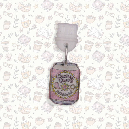 Cowboy Crush Soda Can Kindle Charm, pink and white design, USB-C dust plug, made from durable acrylic and UV resin.