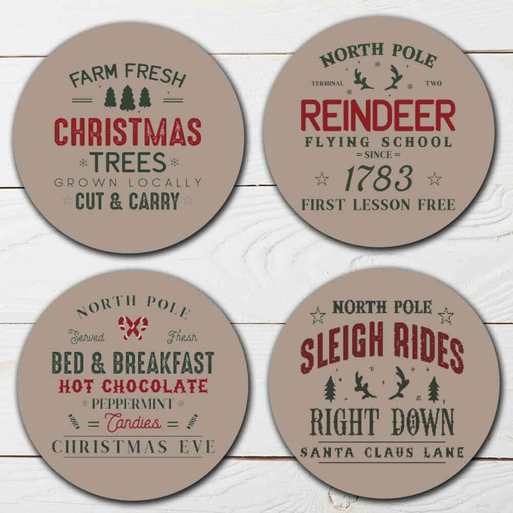 Set of 4 - 4 Christmas Themed "Farmhouse Christmas" Coasters - TPE - Polyester with Rubber Back