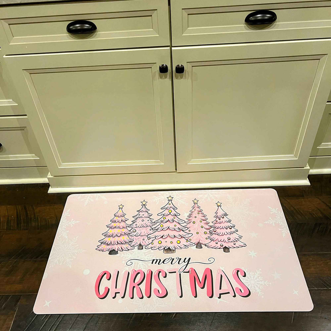 Welcome Mat - Christmas - Pink Christmas Trees - "Merry Christmas"