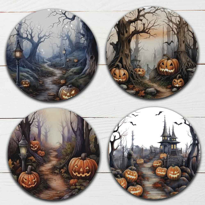 Set of 4 - 4 Halloween Themed "Spooky Scenes" Coasters - TPE - Polyester with Rubber Back