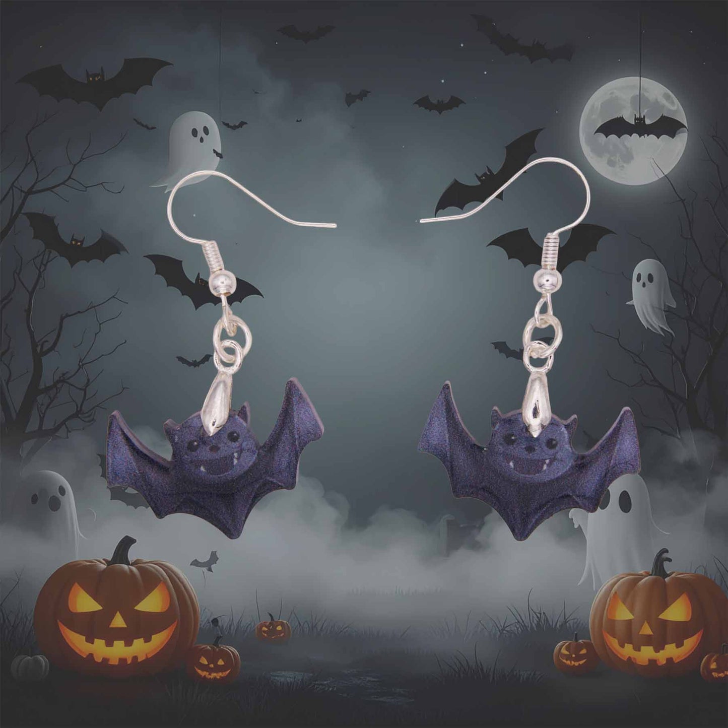 Halloween Bat Dangle Acrylic Earrings - Hypoallergenic USA Made