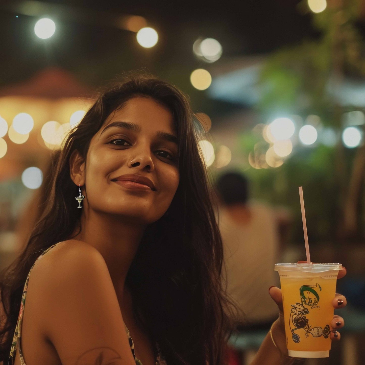 Woman wearing margarita cocktail dangle earrings, holding a drink. Perfect for happy hour or cocktail themed events.