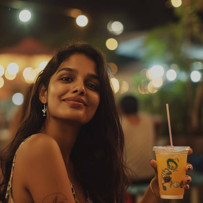 Woman wearing margarita cocktail dangle earrings, holding a drink. Perfect for happy hour or cocktail themed events.
