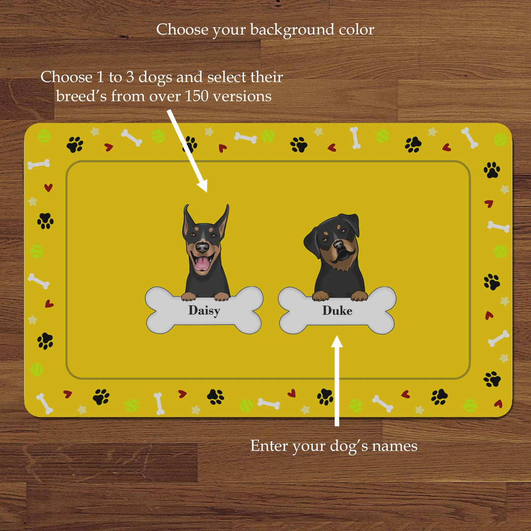 Personalized Pet Food Bowl Mat With Bones, Paws, Balls, Stars and Hearts Border