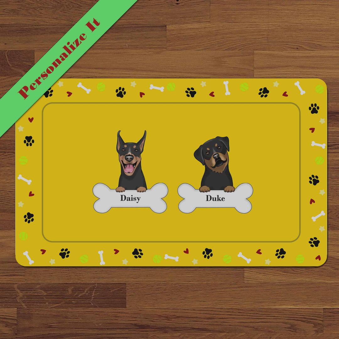 Personalized Pet Food Bowl Mat With Bones, Paws, Balls, Stars and Hearts Border