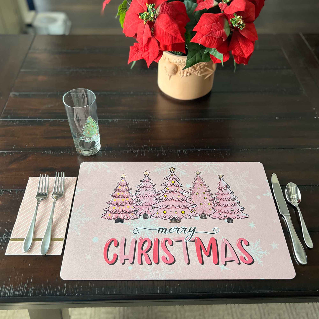 Set of 2 18" x 12" Placemats - Pink Trees - "Merry Christmas"