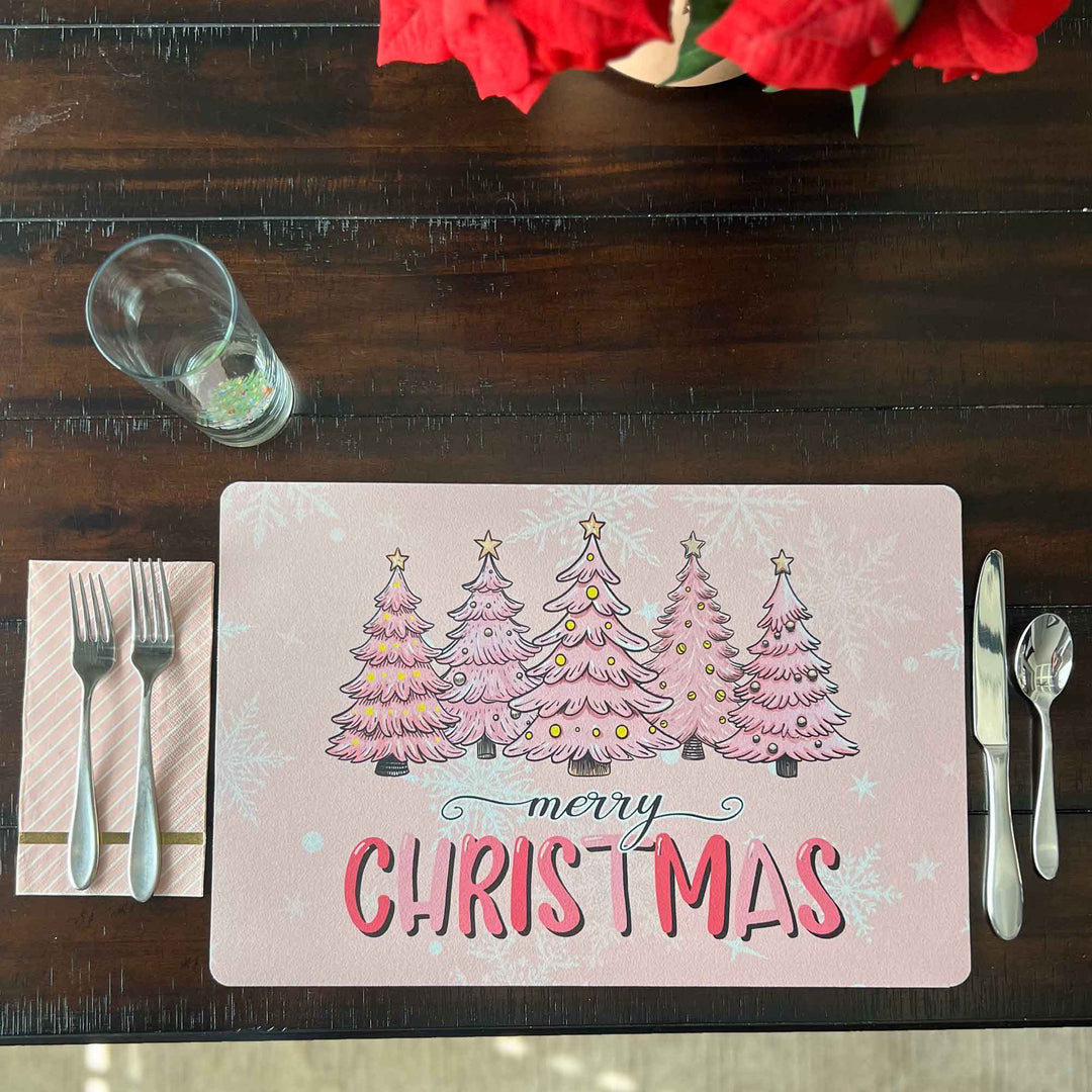 Set of 2 18" x 12" Placemats - Pink Trees - "Merry Christmas"