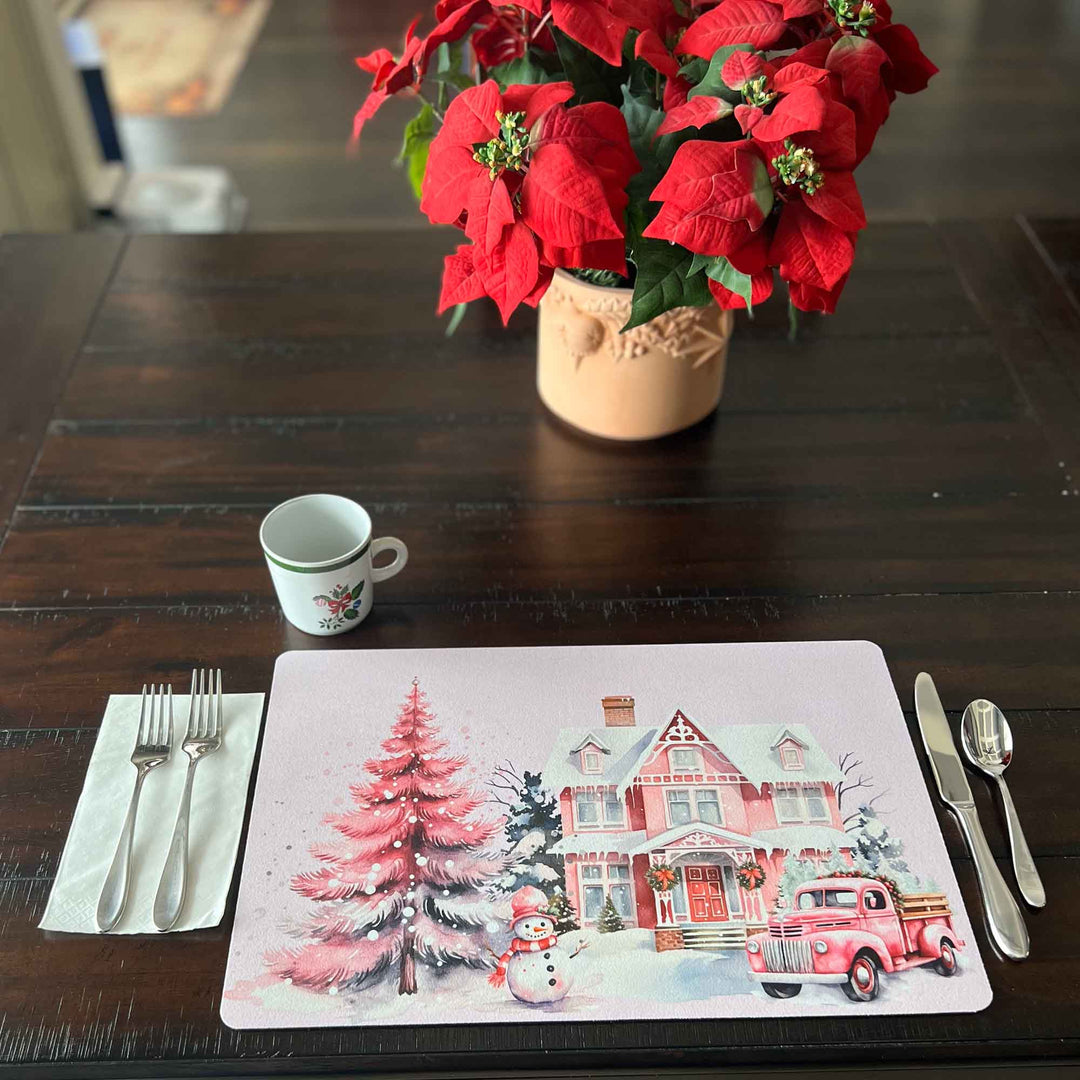 Set of 2 18" x 12" Placemats - Pink Winter Scene with Truck, House and Snowman