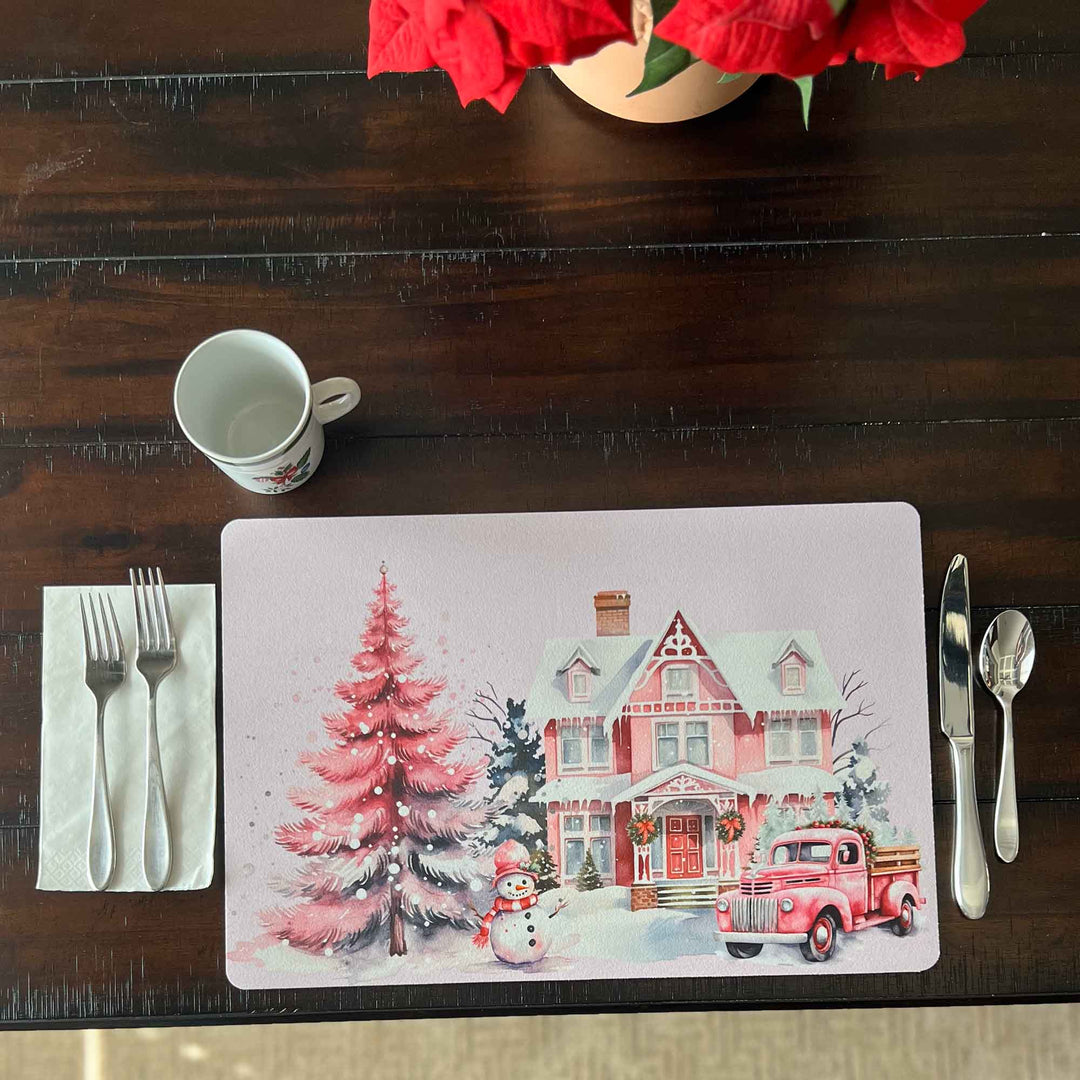 Set of 2 18" x 12" Placemats - Pink Winter Scene with Truck, House and Snowman