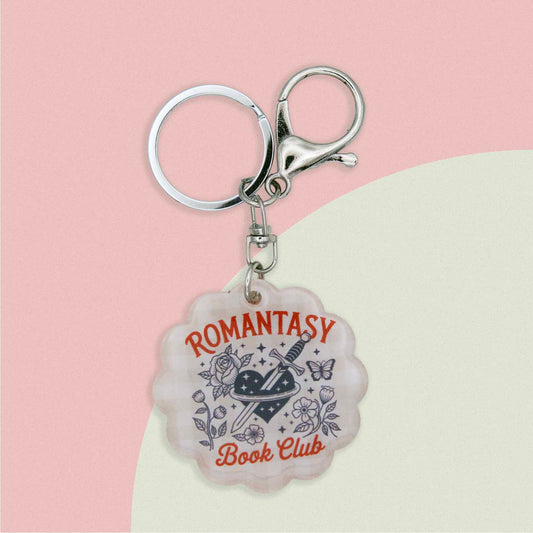 Romantasy Book Club keychain, featuring a heart, dagger, roses, butterfly, and stars design, perfect for readers.