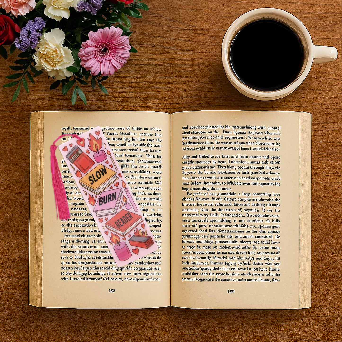 Pink bookmark with illustrations of candles, matchbox, and books labeled "SLOW BURN READER", nestled in an open book next to a cup of coffee and a bouquet of flowers including pink gerberas and red roses.